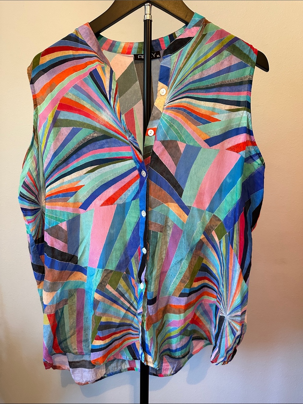 APNY Print Chiffon Button-Up Sleeveless Top Geometric Multicolor XL